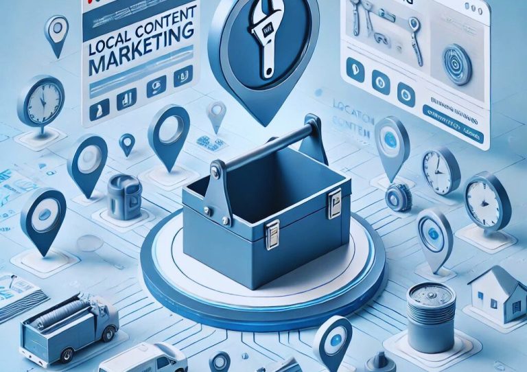 Graphic depicting local content marketing tools with houses, a toolbox, and location pins.