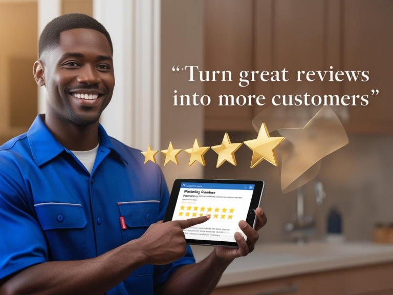 A smiling man in a blue shirt holds a tablet displaying customer reviews and five-star ratings.