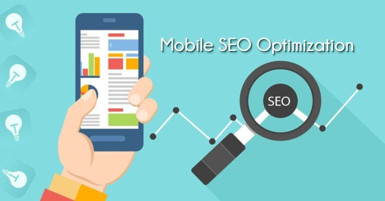 Hand holding a smartphone displaying graphs and a magnifying glass symbolizing mobile optimization for SEO.