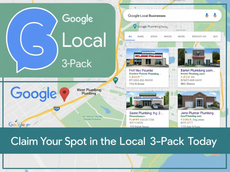 Google Local 3-Pack promotion with a map showing business listings and a call to action.