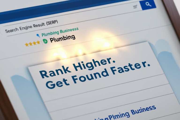 Text displays "Rank Higher. Get Found Faster." in a search engine context for plumbing.