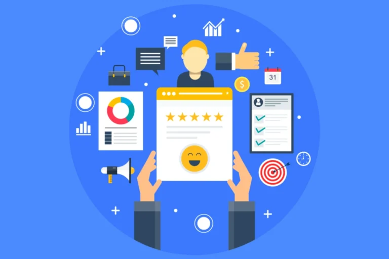 Hands holding a review form surrounded by charts and feedback icons on a blue background - reputation management.