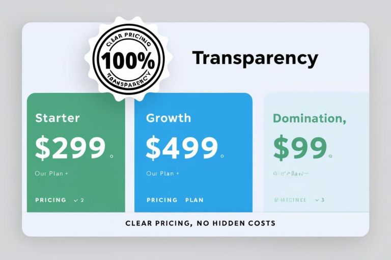 Pricing plans: Starter $299, Growth $499, and Professional $999 with 100% transparency.