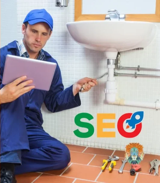 A plumber inspects pipes under a sink while using a tablet, accompanied by "SEO" graphics.