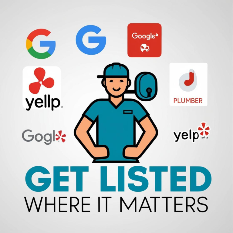 Illustration of a plumber surrounded by logos of review platforms. Text: "Get listed where it matters."