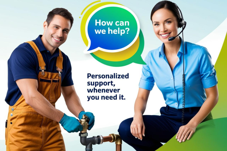 A plumber and a customer support representative offer assistance.