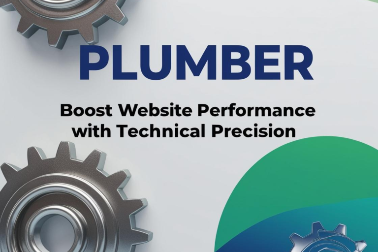 Text: "Plumber: Boost website performance with technical precision" alongside gears.