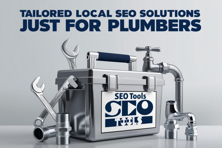 Toolbox with plumbing tools and the text "Tailored Local SEO Solutions Just for Plumbers."