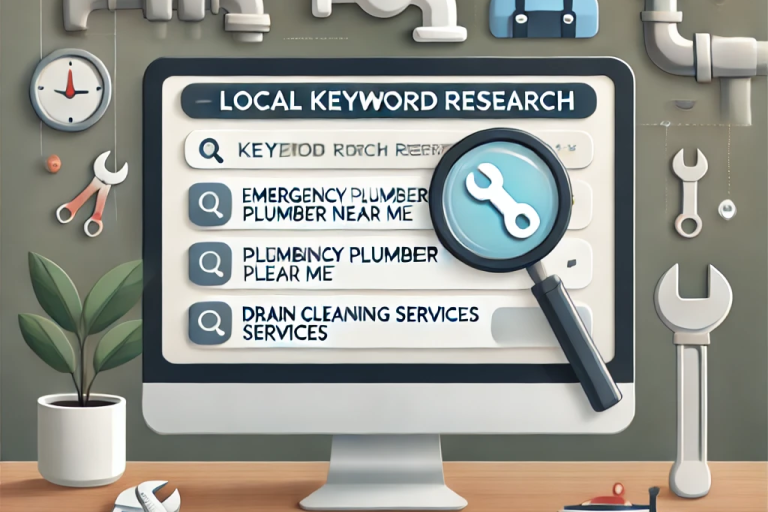 Screen displaying local keyword research with search bar and related keywords. Tools in background.